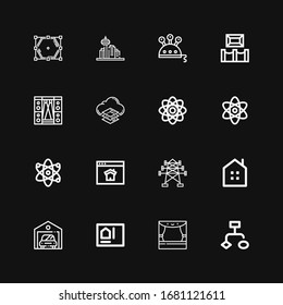 Editable 16 structure icons for web and mobile. Set of structure included icons line Flowchart, Stage, Blueprint, Garage, Real estate, Electric tower, Homepage on black background