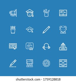 Editable 16 íconos estudiantiles para web y móvil. El conjunto de estudiantes incluía íconos de línea Escuela, Cap, Class, Lápiz, Lesson, Diploma, Estudiante, Mortarboard, Learning on blue back