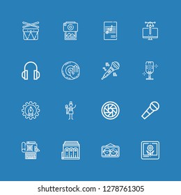 Editable 16 studio icons for web and mobile. Set of studio included icons line Picture, Philharmonic, Design, Microphone, Shutter, Graphic designer, Graphic design on blue background