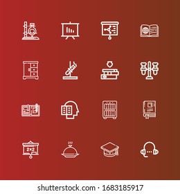Editable 16 study icons for web and mobile. Set of study included icons line Lesson, Mortarboard, Cover, Blackboard, Book, Bookcase, Intellectual, Write, Test tube, Books on red