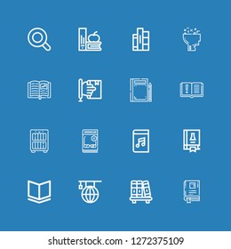 Editable 16 studying icons for web and mobile. Set of studying included icons line Book, Bookshelf, Learning, Science book, Audiobook, Catalog, Bookcase, Books on blue background