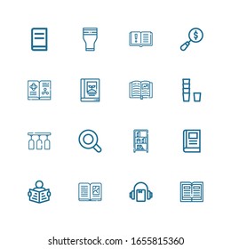 Editable 16 studying icons for web and mobile. Set of studying included icons line Book, Audiobook, Read, Bookcase, Magnifying glass, Glass on white background