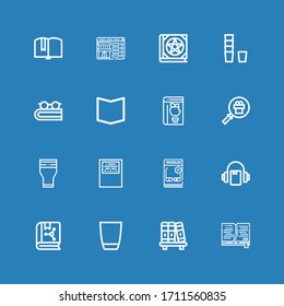 Editable 16 studying icons for web and mobile. Set of studying included icons line Book, Bookshelf, Glass, Audiobook, Catalog, Workbook, Magnifying glass, Booking on blue background
