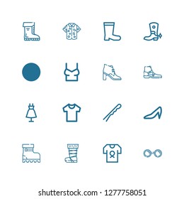 Editable 16 stylish icons for web and mobile. Set of stylish included icons line Sunglasses, Shirt, Boot, Boots, Heels, Hairpin, Fashion on white background