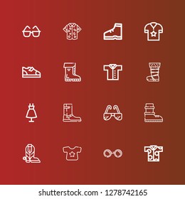 Editable 16 stylish icons for web and mobile. Set of stylish included icons line Shirt, Sunglasses, Boot, Boots, Fashion on red