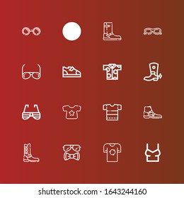 Editable 16 stylish icons for web and mobile. Set of stylish included icons line Shirt, Sunglasses, Boot, Boots on red