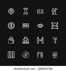 Editable 16 success icons for web and mobile. Set of success included icons line Seal, Motivation, Transfer, Dice, Toga, Agreement, Fist, Wallet, Reflect, Vision on black background