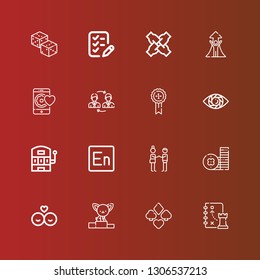 Editable 16 success icons for web and mobile. Set of success included icons line Strategy, Suit, Podium, Friends, Coin, Deal, Encore, Slot machine, Vision, Medal, Exchange on red