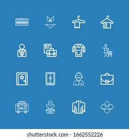 Iconos editables de 16 palos para web y móvil. El conjunto de traje incluye iconos línea Suit, Jacket, Bust, Briefcase, Case, Man, Wardrobe, Vestido, Mujer, Tunic, Empresario sobre fondo azul