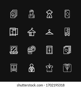 Editable 16 Suit Icons For Web And Mobile. Set Of Suit Included Icons Line Tuxedo, Clothing, Businessman, Wardrobe, Poker, Woman, Dressing Room, Clothing Hanger On Black Background