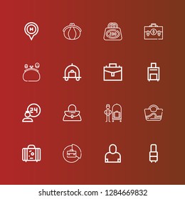 Editable 16 suitcase icons for web and mobile. Set of suitcase included icons line Suitcase, Salesman, Briefcase, Bag, Bellhop, Handbag, Room service, Luggage, Purse, Hotel on red