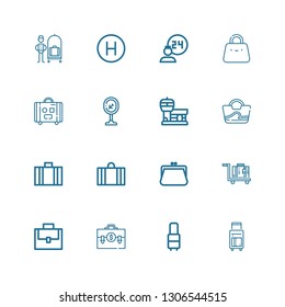 Editable 16 suitcase icons for web and mobile. Set of suitcase included icons line Suitcase, Luggage, Purse, Bag, Airport, Room service, Hotel, Bellhop on white background