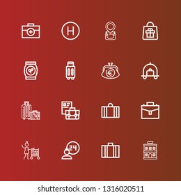 Editable 16 suitcase icons for web and mobile. Set of suitcase included icons line Hotel, Suitcase, Room service, Briefcase, Travel, Luggage, Purse, Bag on red