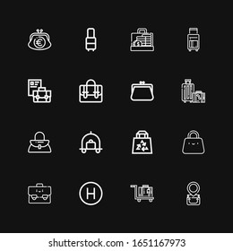 Editable 16 iconos en maleta para web y móvil. Conjunto de maleta que incluye iconos línea Bolsa, Equipaje, Hotel, Maleta, Bolso de mano, Viaje, Maleta, Maleta, Maletín sobre fondo negro
