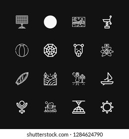 Editable 16 sun icons for web and mobile. Set of sun included icons line Sun, d, Sand bucket, Pluto, Windsurf, Summer, Field, Surfboard, Camel on black background