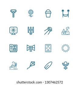 Editable 16 sun icons for web and mobile. Set of sun included icons line Pluto, Surfboard, Kite, Mountains, Sun, Field, d, Sputnik, Uranus, Brightness, Hammock on white background