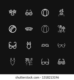 Editable 16 sunglasses icons for web and mobile. Set of sunglasses included icons line Glasses, Sunglasses, Beach, Swimsuit, Summer, Beach ball, Hipster on black background