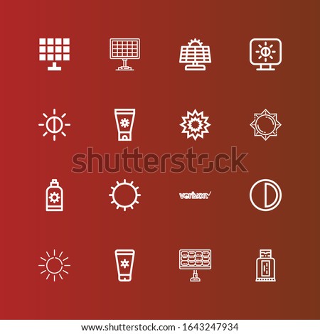 Editable 16 sunlight icons for web and mobile. Set of sunlight included icons line Sunblock, Solar panel, Sun lotion, Sun, Brightness, Verizon, Sun cream, Explosion on red