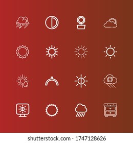 Editable 16 sunny icons for web and mobile. Set of sunny included icons line Night, Rain, Sun, Brightness, Noon, Sun cloud, Sunflower, Storm on red