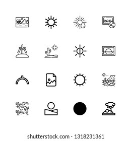 Editable 16 sunset icons for web and mobile. Set of sunset included icons line Savannah, Sun, Desert, Image, Noon, Brightness, Calvary on white background