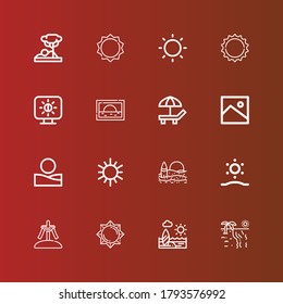 Editable 16 sunset icons for web and mobile. Set of sunset included icons line Beach, Sun, Calvary, Sunrise, Desert, Image, Brightness, Savannah on red