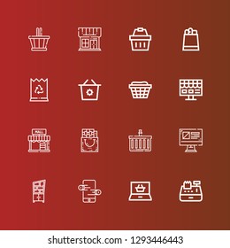 Editable 16 supermarket icons for web and mobile. Set of supermarket included icons line Cashier, Shopping online, Online store, Shelf, Online shop, Shopping basket, Gift bag on red