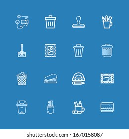 Editable 16 iconos de suministros para web y móvil. El conjunto de suministros incluye iconos línea Caja de lápiz, Basura, Sello, Protractor, grapas, Basura, Baco de inodoros, Medidor de presión de la sangre sobre fondo azul