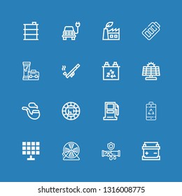 Editable 16 supply icons for web and mobile. Set of supply included icons line Battery, Pipe, Wire, Solar panel, Gasoline station, Electric, Green power, Barrel on blue background