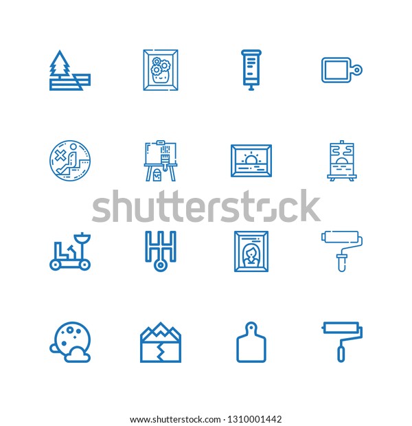 Editable 16\
surface icons for web and mobile. Set of surface included icons\
line Paint roller, Cutting board, Earthquake, Full moon, Painting,\
Uranus, Moon rover on white\
background