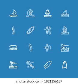 Editable 16 surfing icons for web and mobile. Set of surfing included icons line Surfboard, Parasailing, Water ski, Wakeboarding, Surfing, Surf, Windsurfing on blue background