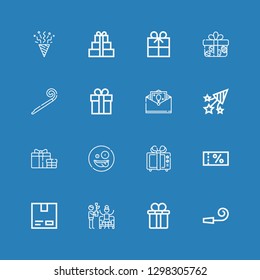 Editable 16 surprise icons for web and mobile. Set of surprise included icons line Party whistle, Gift box, Party, Cardboard, Voucher, Gift, Surprised, Confetti on blue background