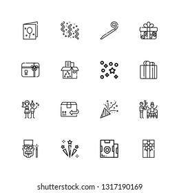 Editable 16 surprise icons for web and mobile. Set of surprise included icons line Gift box, Parcel, Celebration, Magician, Party, Confetti, Cardboard, Christmas party on white background