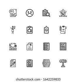 Editable 16 survey icons for web and mobile. Set of survey included icons line Test, Feedback, Clipboard, Exam, Geology, Review, Crossing, Satisfaction, Unhappy on white background