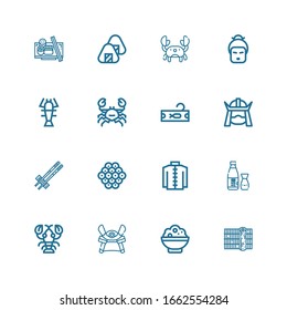 Editable 16 sushi icons for web and mobile. Set of sushi included icons line Sushi, Rice, Samurai, Lobster, Sake, Kimono, Caviar, Chopsticks, Tuna, Crab, Geisha on white background