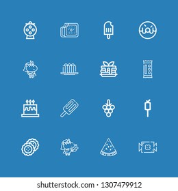 Editable 16 sweet icons for web and mobile. Set of sweet included icons line Candy, Watermelon, Unicorn, Biscuit, Marshmallow, Grapes, Ice cream, Cake, Pancake on blue background