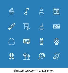 Editable 16 swirl icons for web and mobile. Set of swirl included icons line Tornado, Lollipop, Wind, Certificate, Candy, Carpet, Frozen yogurt, Stick candy on blue background