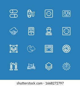 Editable 16 switch icons for web and mobile. Set of switch included icons line Power, Layer, Router, Electricity, Electric, Slider, Night mode, Layers, Socket on blue background