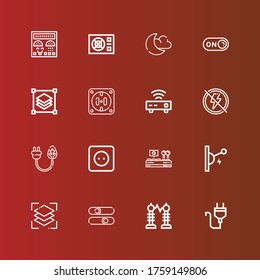 Editable 16 switch icons for web and mobile. Set of switch included icons line Plug, Electricity, Sliders, Layers, Switch, Control, Socket, Router, on, Night mode on red