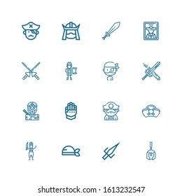 Editable 16 sword icons for web and mobile. Set of sword included icons line Roman helmet, Sai, Pirate, Pirates, Gauntlet, Ninja, Sword, Spears, Samurai on white background