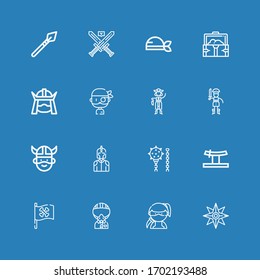 Bearbeitbar 16 Schwertsymbole für Web und Mobile. Satz mit Schwert inbegriffen Symbole Linie Shuriken, Ninja, Militär, Piratenflagge, Katana, Waffen, Ritter, Wiking, Pirate auf blauem Hintergrund