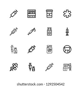 Editable 16 syringe icons for web and mobile. Set of syringe included icons line Veterinarian, Vaccine, Needle, Medicine, Eye jar, Syringe on white background