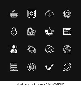 Editable 16 system icons for web and mobile. Set of system included icons line Planet, Pipe, Technology, Server, Cloud computing, Sprinkler, Rate, Alarm, Padlock on black background