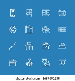 Editable 16 table icons for web and mobile. Set of table included icons line Pendulum, Bar, Chandelier, Table, Plate, Picnic, Desk, Fork, Wardrobe, Candle making on blue background