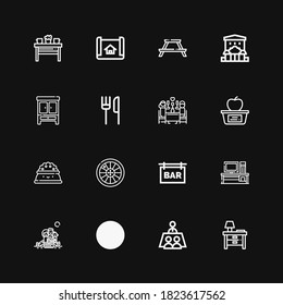 Editable 16 table icons for web and mobile. Set of table included icons line Nightstand, Meeting, Cutlery, Picnic, Desk, Bar, Roulette, Plate, Lunch, Romantic dinner on black background