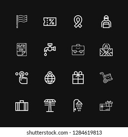 Editable 16 tag icons for web and mobile. Set of tag included icons line Gift card, Shower, Suitcase, Delivery, Gift, Location, Tap, Position, Css, Delivery man on black background