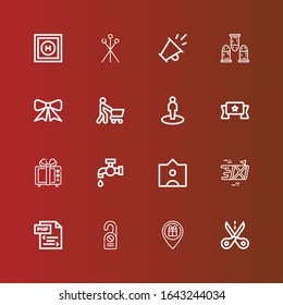 Iconos editables de 16 etiquetas para web y móvil. El conjunto de etiquetas incluye iconos línea Cortar, Ubicación, Percha de puerta, Php, Entrega, Etiqueta, Tap, Regalo, Pancarta, Compras, Cinta, Balas, Promoción en rojo