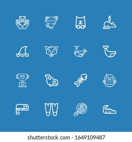 Editable 16 tail icons for web and mobile. Set of tail line icons including: Crocodile, Cryptozoology, Fins, Chameleon, Monkey, Fish bone, Orca, Pet, Whale, Fox on blue background