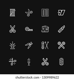 Editable 16 tailor icons for web and mobile. Set of tailor included icons line Thread, Scissors, Mannequin, Knit, Shears, Pincushion, Sewing machine, Measuring tape on black background