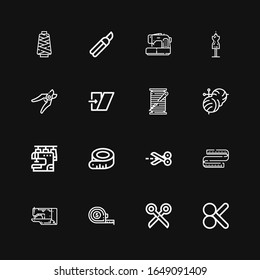 Editable 16 iconos personalizados para web y móvil. Conjunto de iconos incluidos en la línea Corte, Tijeras, Cinta de medida, Máquina de coser, Tejido, Trazado de rosca, Shear sobre fondo negro