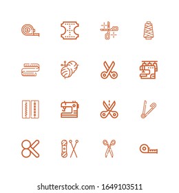 Editable 16 tailor icons for web and mobile. Set of tailor included icons line Measuring tape, Scissors, Knit, Cut, Safety pin, Sewing, Stitches, Sewing machine on white background